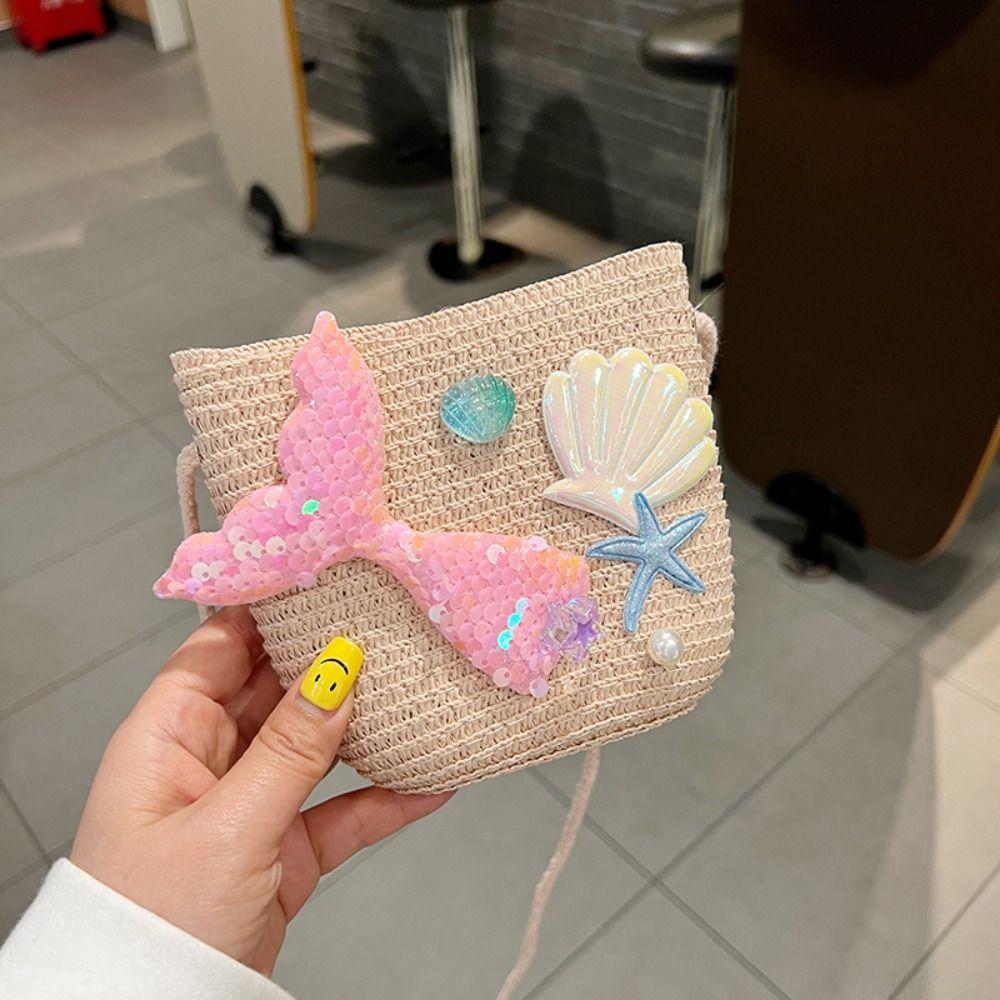 

Summer Kids Straw Woven Messenger Bag Lovely Mermaid Small Coin Purse Handbags Mini Shoulder Bags Princess Wallet for Girls рожевий