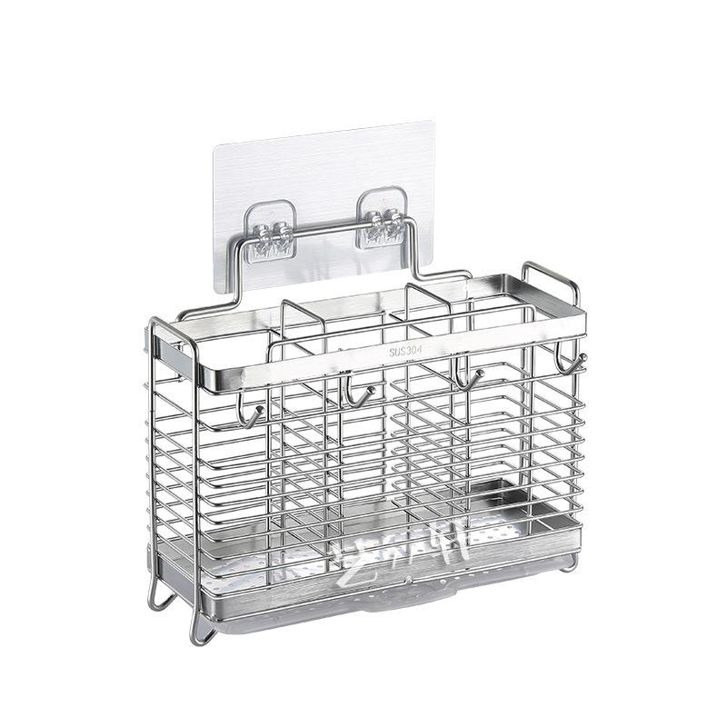 Stainless Steel Flat Steel Chopsticks Holder with Hooks Kitchen Draining Rack Wall Mounted No Drilling Storage Organizer for Countertop
