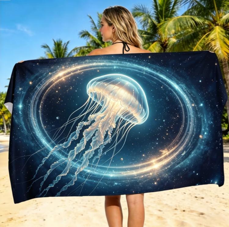 Large Microfiber Beach Towel, Cosmic Space Eye & Planets Print, Sand Free & Quick Dry, for Mystical Sci-Fi Summer Beach Use
