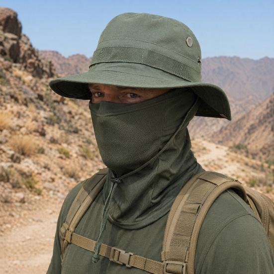 Camouflage Sonnenhut mit Sturmhaube Gesichtsmaske, UV-Schutz Herren Hut mit breiter Krempe, Atmungsaktiver Fischerhut für Outdoor Angeln Wandern Radfahren