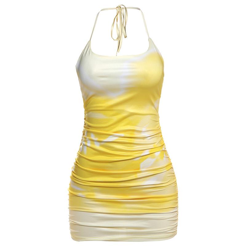 

Women s Summer New Arrival Color Block Halter Neck One-shoulder Backless Ruched Bodycon Dress L жовтий