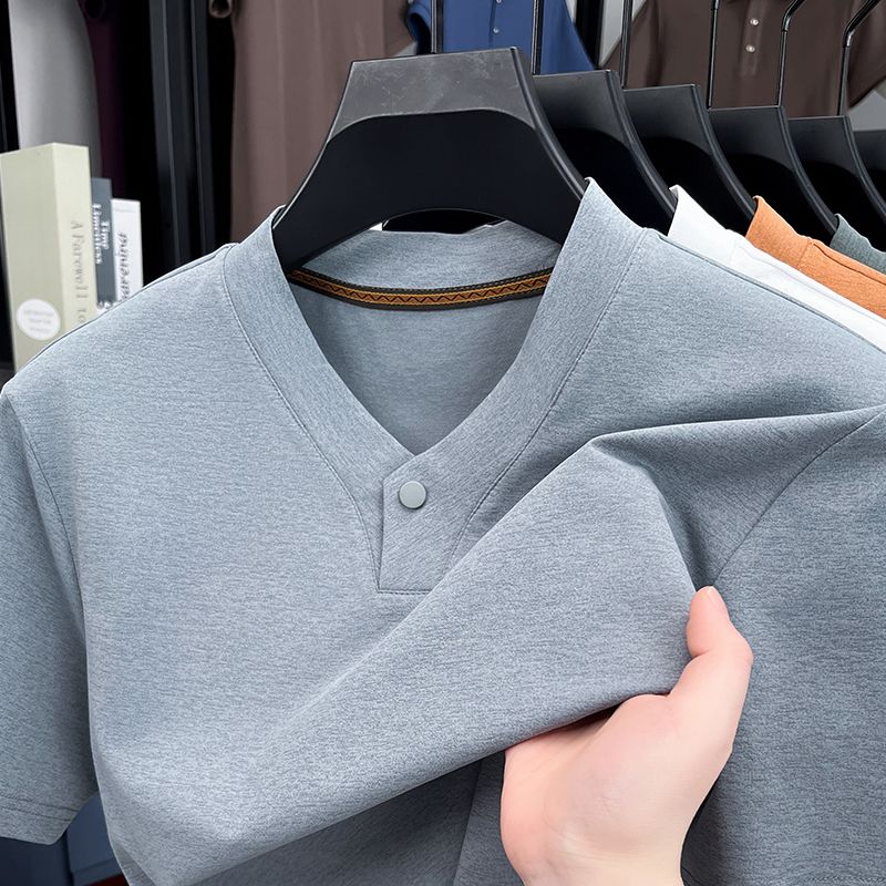 

A Single-button Short-sleeved T-shirt for Men New Summer Style Middle-aged V-neck Loose Half-sleeved T-shirt XL синій