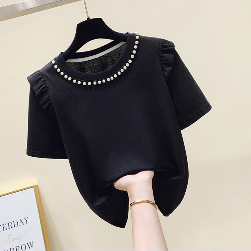 Summer Woman Clothing Slim Versatile T-shirt Korean New Ruffles Short Sleeve Beading Round Neck Female Basic Fashion Casual Tops