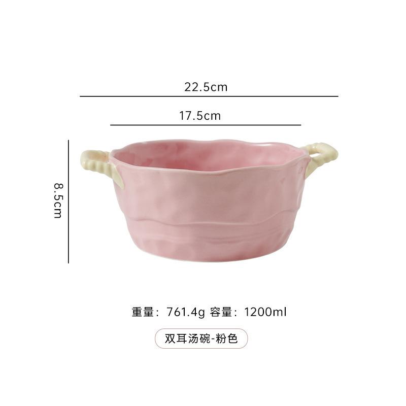 Ins Color Matching Advanced Sense Ceramic Handle Bowl Baking Bowl Atmosphere High Value Instant Noodle Bowl Salad Fruit Yogurt Bowl