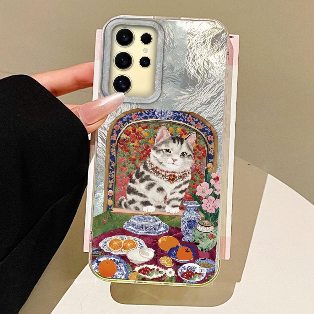 Retro Purple Cat Flower Women Girl Vortex Texture Phone Case for Samsung Galaxy S25 Edge S24 S23 S22 S21 S20 FE Plus Ultra Cover