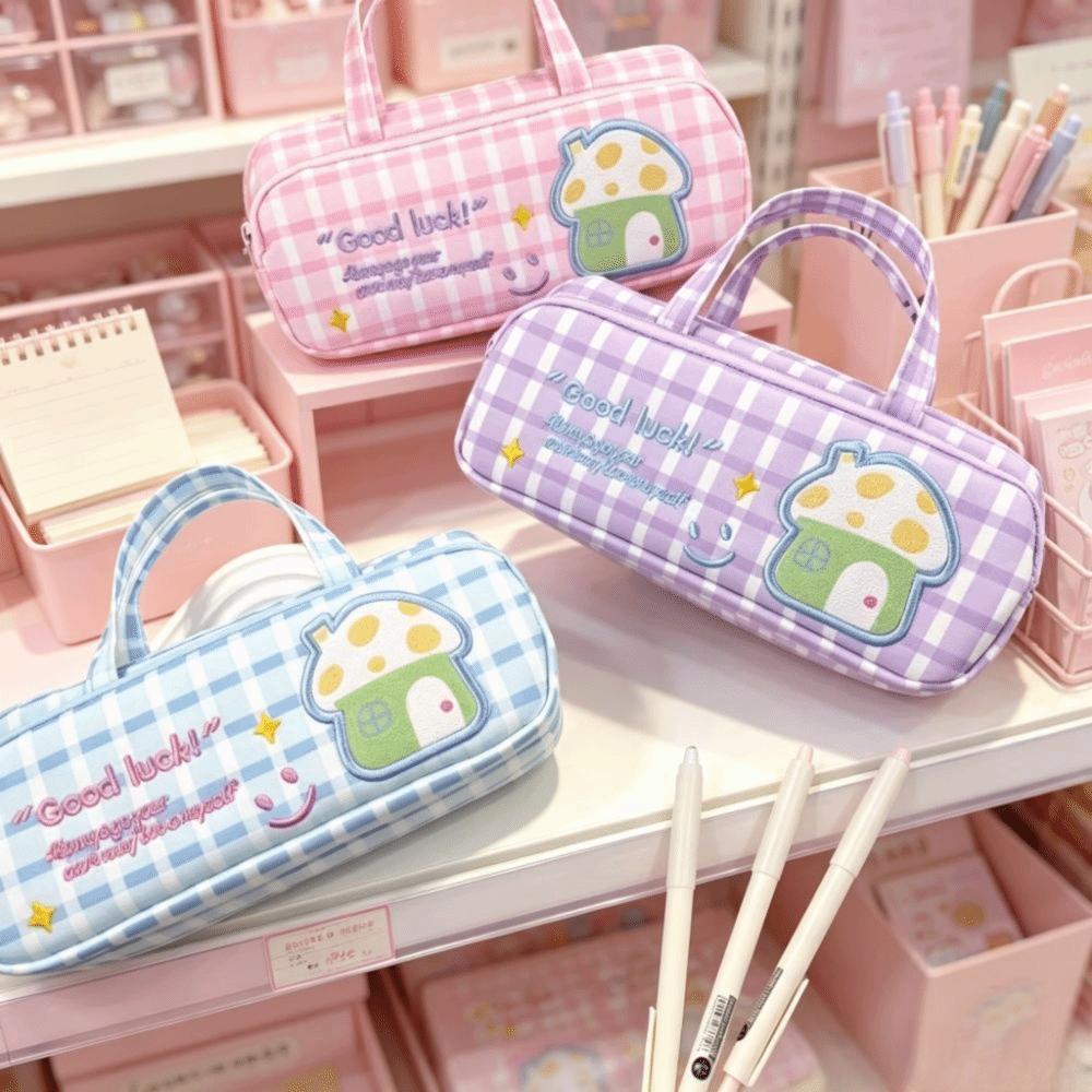 Plaid Pattern Pencil Case Double Layer Stationery Holder Durable Stationery Bag Girls