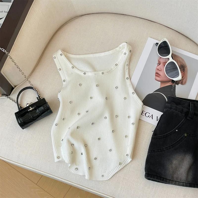 

Трикотажная майка со стразами, белая майка без рукавов с круглым вырезом для летней женской одежды, укороченный топ, майка XS белый