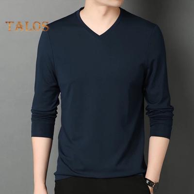 Men Fall Spring Top V Neck Long Sleeves Pure Color Slim Fit Thin Pullover T-shirt Daily Wear Sport Homewear Clothes