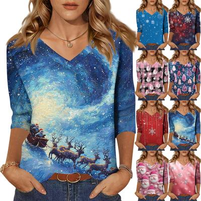 Women's T Shirt CHristmas Print 3/4 Sleeve Daily Weekend Fashion Basic V- Neck Regular Top