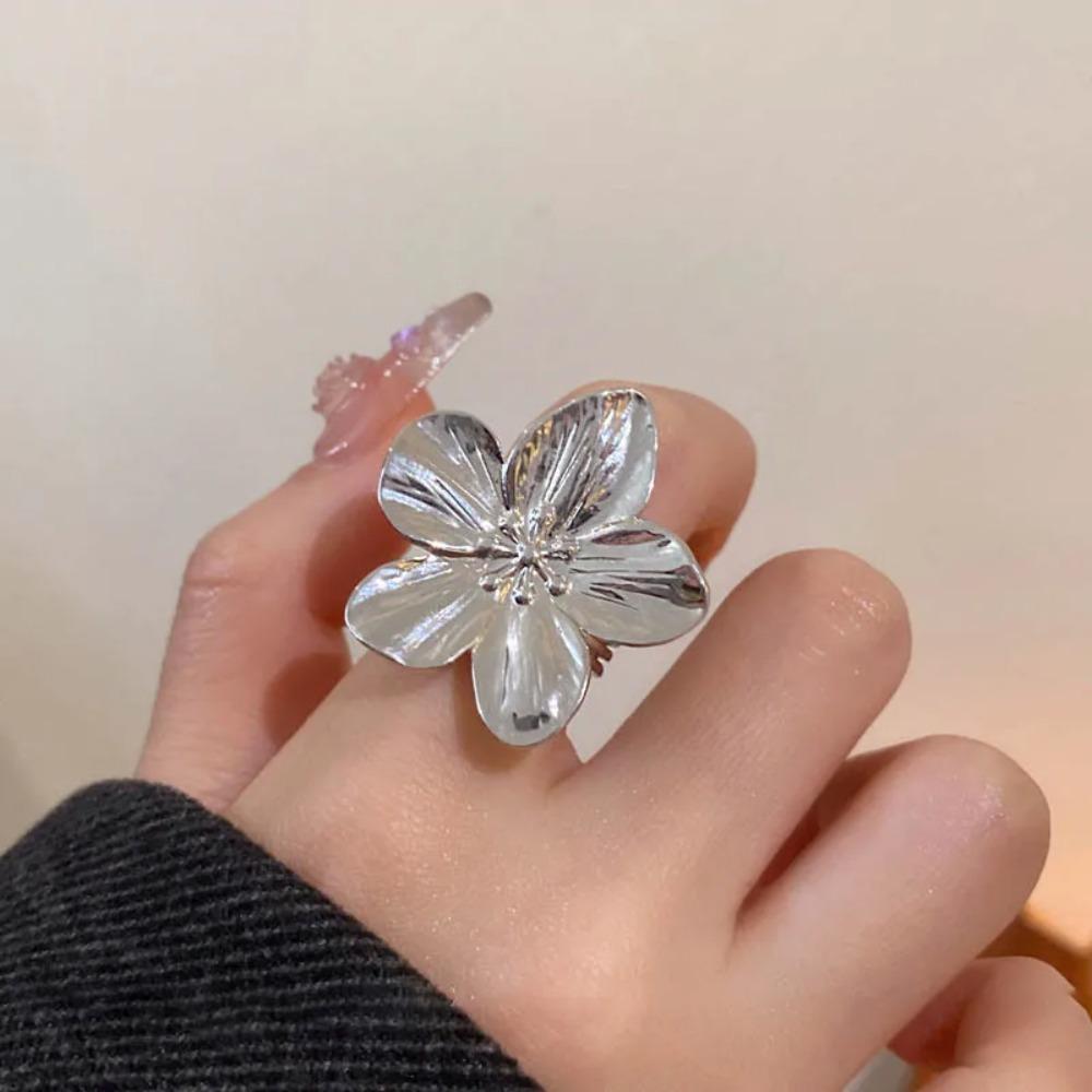 Stainless Steel Flower Ring For Ladies Vintage Index Finger Ring Geometric Opening Ring