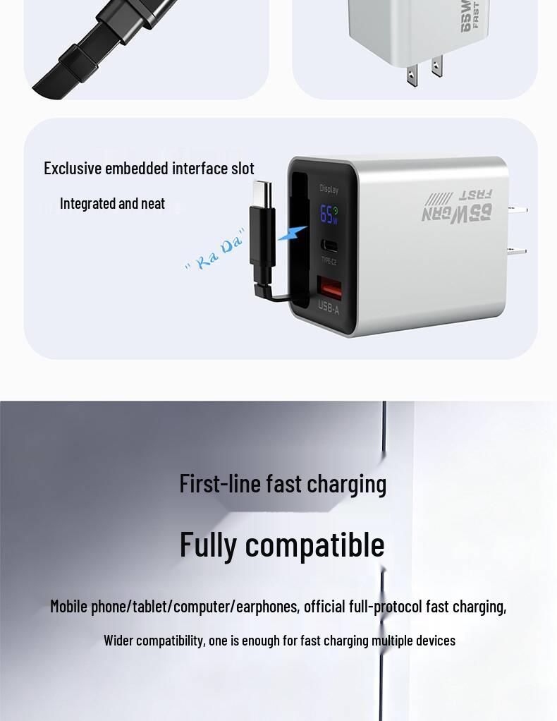65W GaN Fast Charger with Digital Display, Retractable Type-C Cable, and Multi-Port Compatibility for Apple and Android Devices.