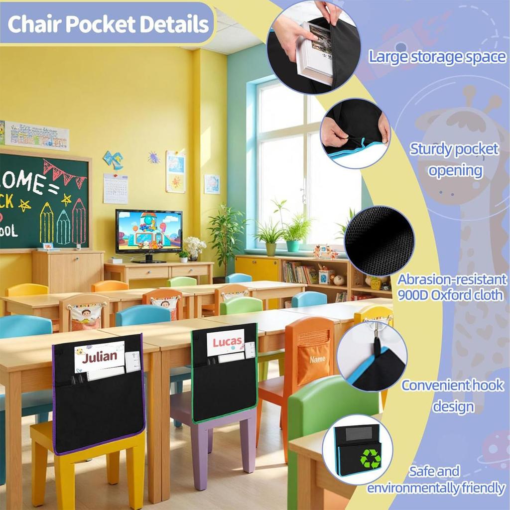 12pz Tasca Organizer per Schienale Sedia Scolastica con Slot per Etichetta e Tasche Multiple per Aula Scolastica