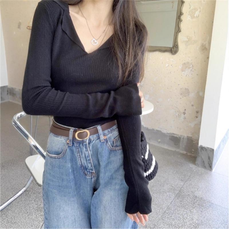 Pink collar pure want to wear knitted sweater women's autumn large size slightly fat mm thin bottoming shirt