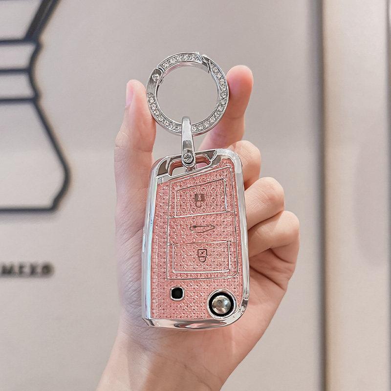 Sakura Pink Tpu Flip Folding For Vw Golf 7 Mk7 Skoda Seat Remote Car Key Case Cover Fob Holder Keychain Accessories