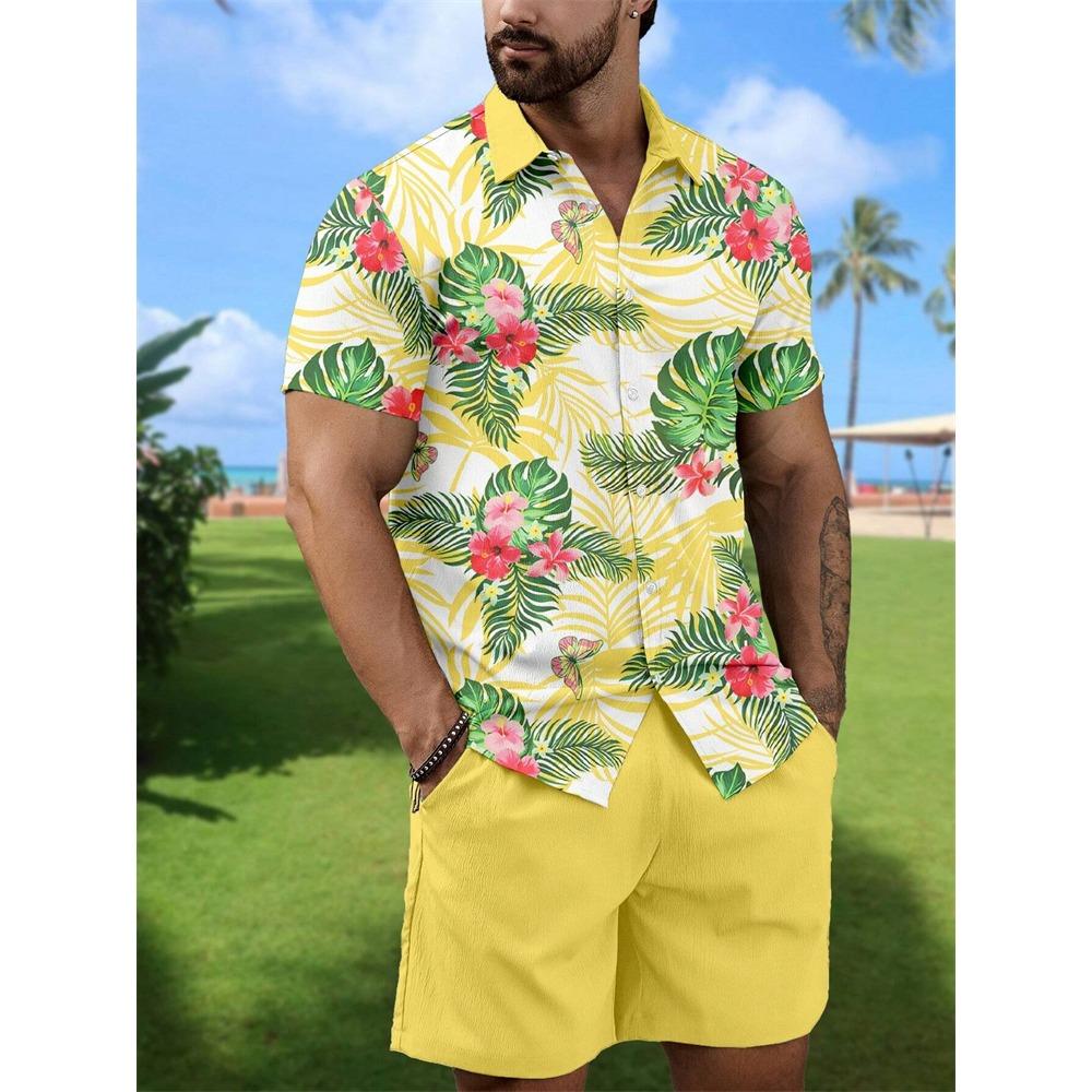 Summer New Men's Coconut Print Shirt Set High-quality Fashion Trend Shorts Hawaiian Style Casual Pool Top Outdoor Beach Two-piece Set