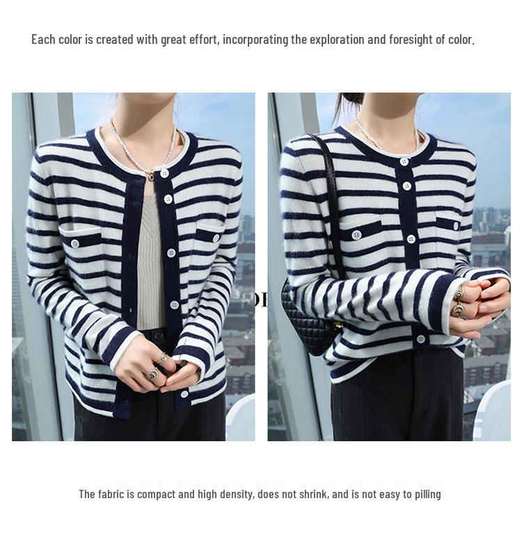 Nanyou Women's Cashmere Striped Round Neck Cardigan - High-End 2024 Early Spring Arrival
