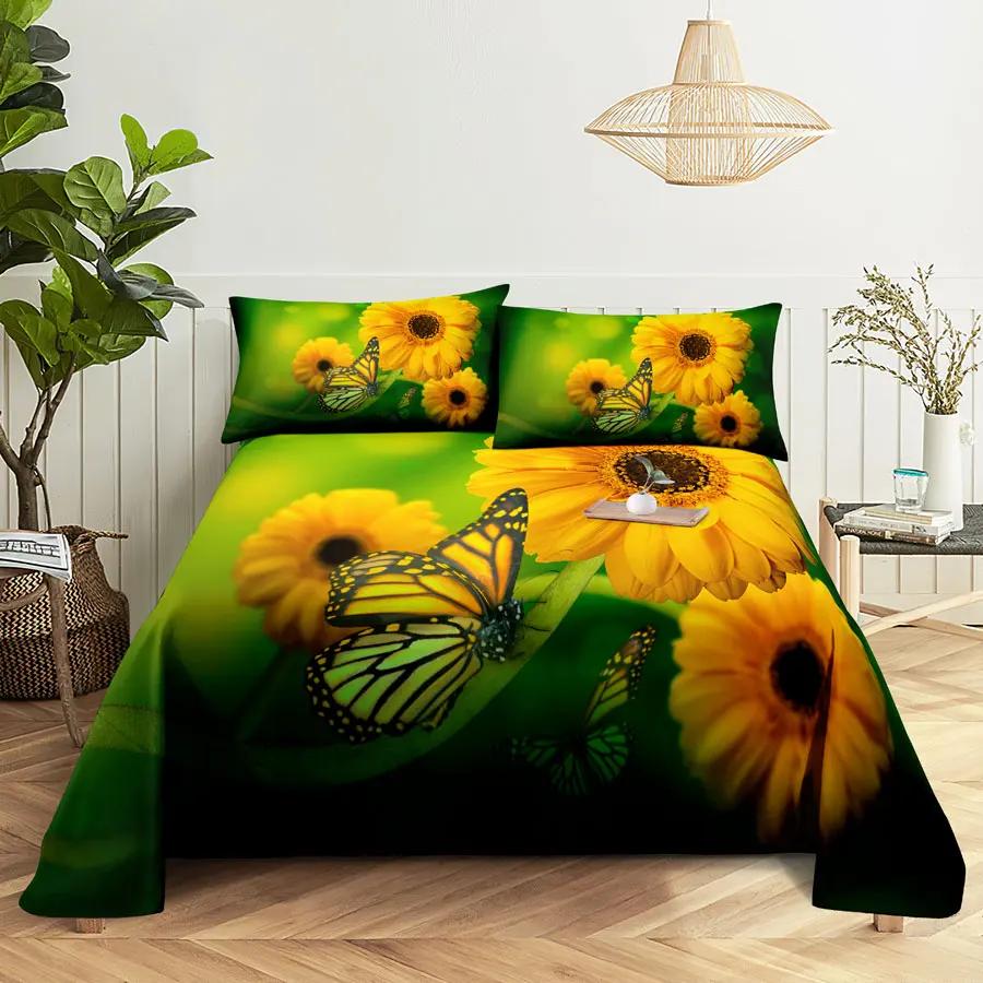 Sunflower Bed Sheets and Pillowcases for Single Double Beds Bedsheets Set with Pillow Case 2pcs 3pcs Queen Full Size 3D Soft