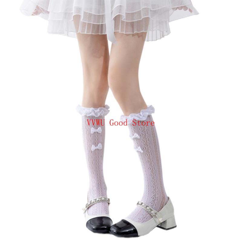 

Women Hollowout Striped Mesh Over Calf Socks with Ruffle Trim and Bows Accent белый