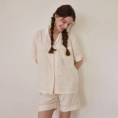 Lunaluz Women S Creamy Short Sleeve Collar Two Piece pajamaS