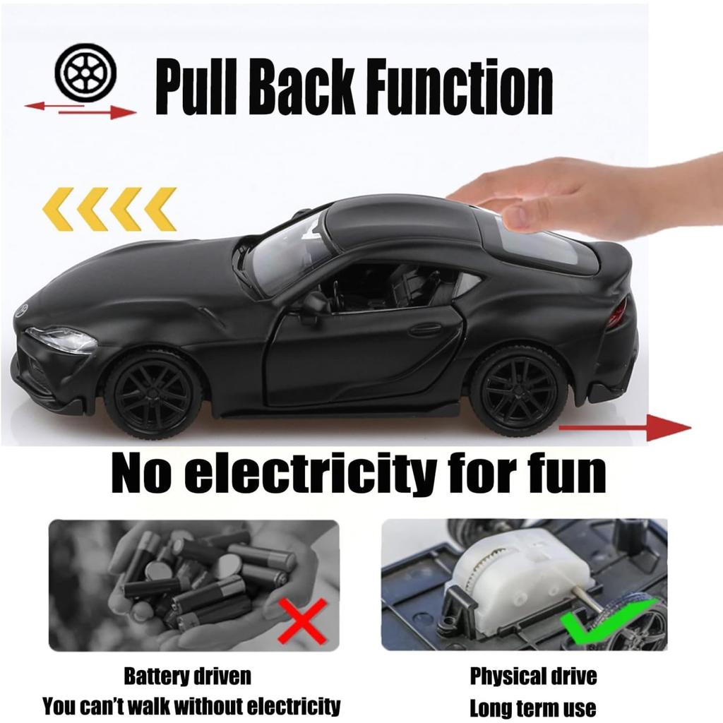 Mașină de jucărie Toyota Supra la scară 1/36, model de mașină turnată sub presiune Toyota Supra, mașini de jucărie cu tragere înapoi, cadouri de mașini pentru băieți și fete