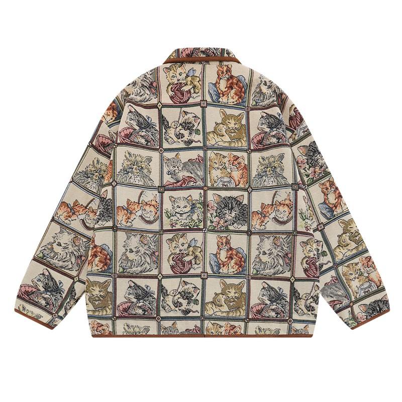 2026 Fall Winter Retro Cartoon Cat Jacquard Jacket Loose Fit Casual Outerwear Teens