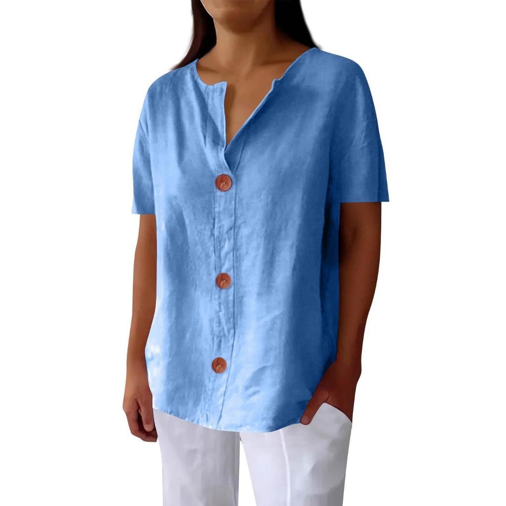 Spring Autumn New Women's Loose V-neck Button T-shirt Comfortable Casual Blouse Top