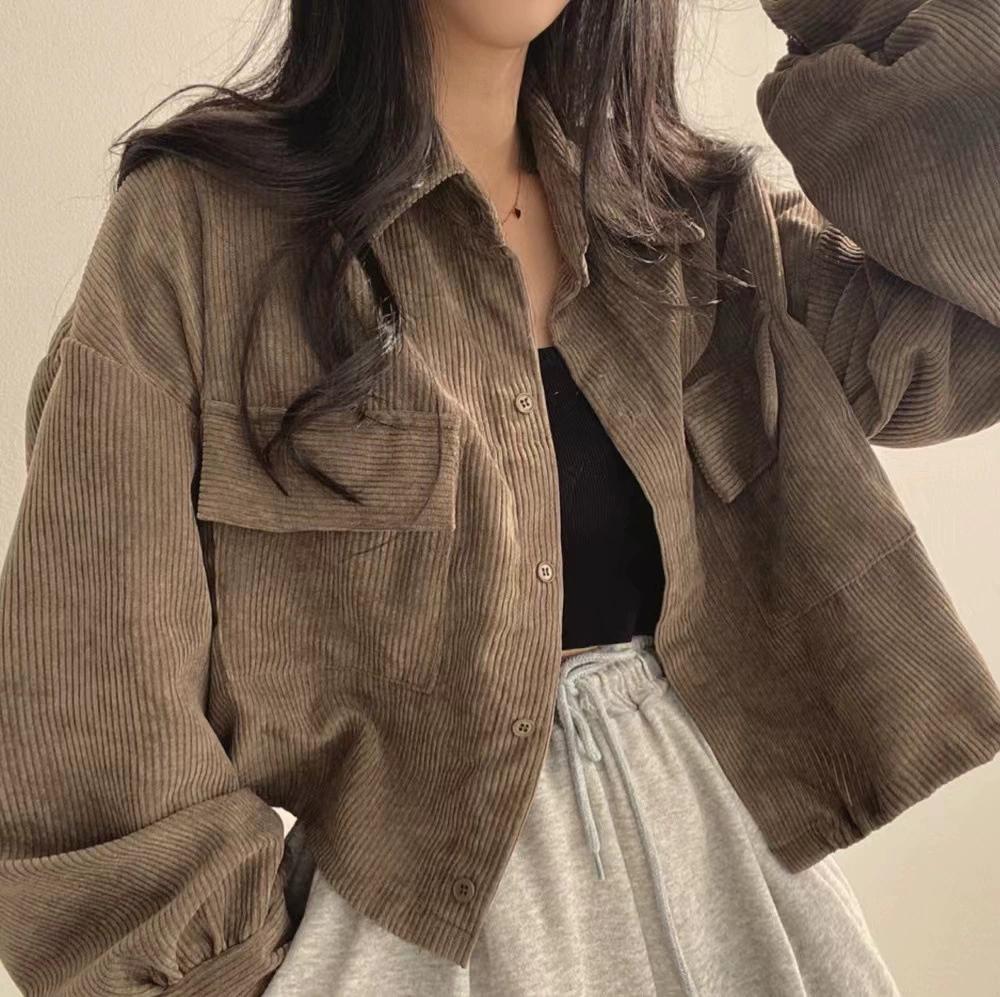 Women's Spring Vintage Collared Single-Breasted Corduroy Shirt Solid Color Long-Sleeve Jacket