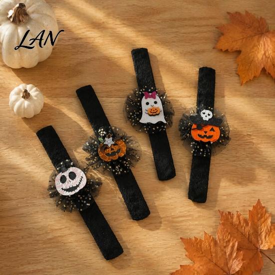 Adjustable Resilient Steel Plate Bracelets Stuffed Halloween Slap for Kids, Plush Pumpkin Ghost Skull Cute Wrist Assorted Pattern Bands Band