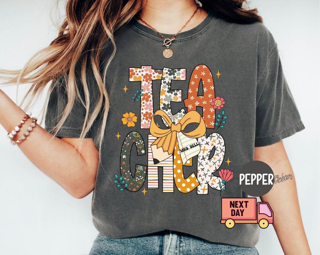 Comfort Colors® Custom Name Fall Teacher Shirt, Personalized Teacher Shirt, Coquette Bow Fall Halloween Teacher Tee,Autumn Boho Floral Shirt
