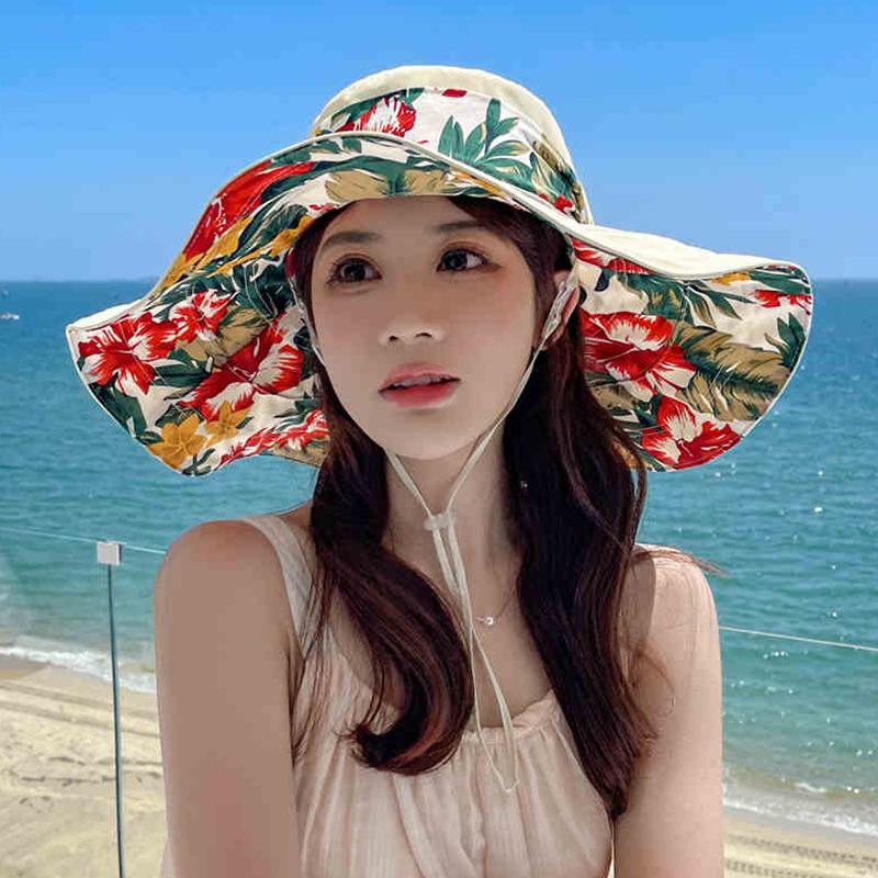 Women's Extra Wide Brim Beach Sun Hat, Summer Fashion Printed Ribbon Sun Cap, UV Protection Foldable Breathable hat