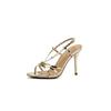 Fashion 2025 Gold High Heels Women Summer New Line With Thin With Silver Temperament Lady Style Strappy Sandals