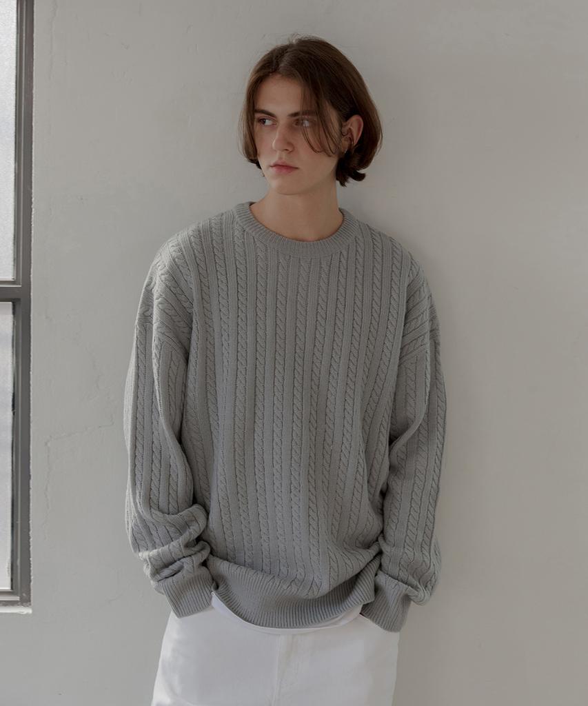 AGOD Crew Neck Oversized Cable Sweater Knit [Gray]