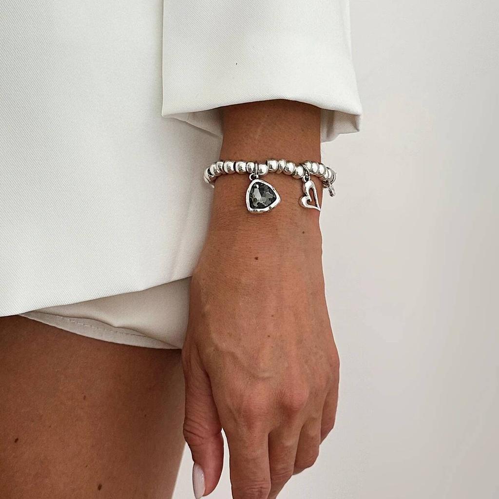 SHIXIN Vintage Acrylic Rhinestone Heart Pendant Bracelet Women Simple Silver Color Elastic Beaded Bracelet Jewelry Accessories