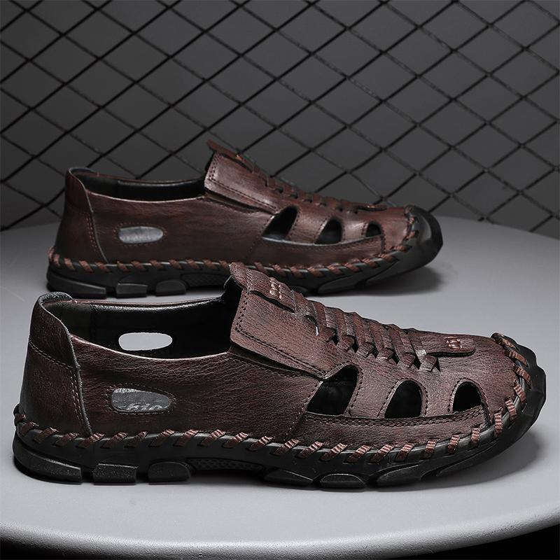 2025 Summer Casual Shoes Men Hollow Breathable Handmade Leather Sandals  Designer Shoes Male Solid Color Daily Shoes Man