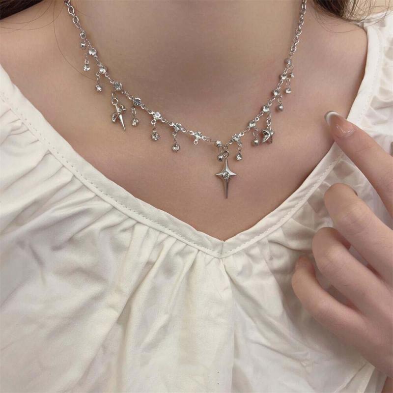 Harajuku Four Pointed Star Tassel Necklace for Women Aesthetic Charm Water Drop Pendant Necklace Jewelry Gift