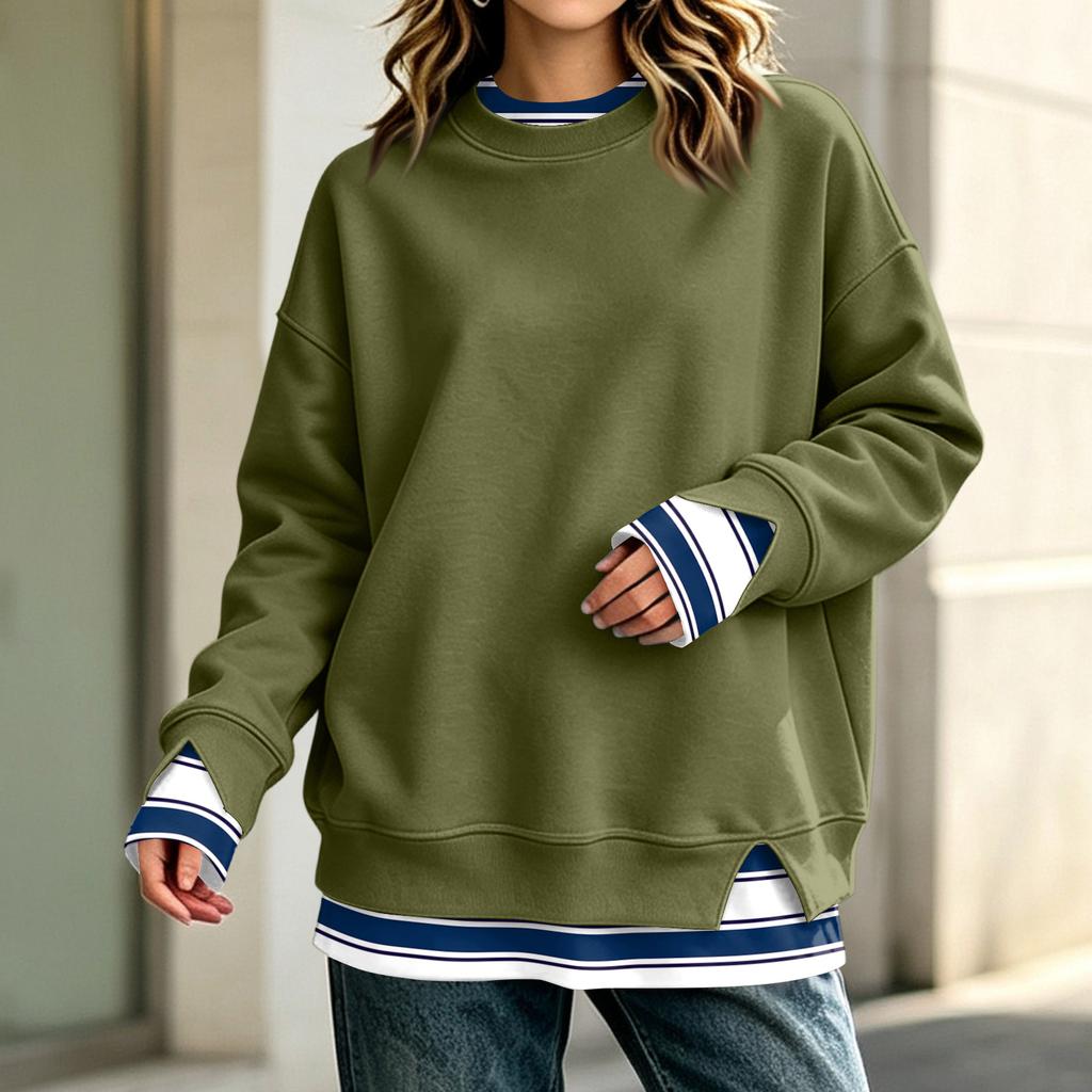 Women's Long Sleeve Mock Two-Piece Sweatshirt Loose Fit Casual Pullover