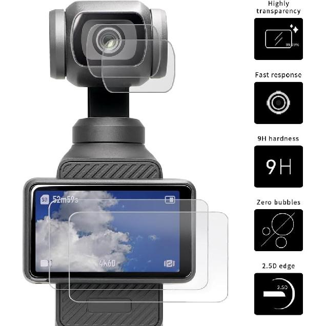 MAXCAM Screen Protector for Osmo Pocket 3, Ultra Clear Tempered Glass Screen Protector + Tempered Glass Lens Protector - 2 Packs