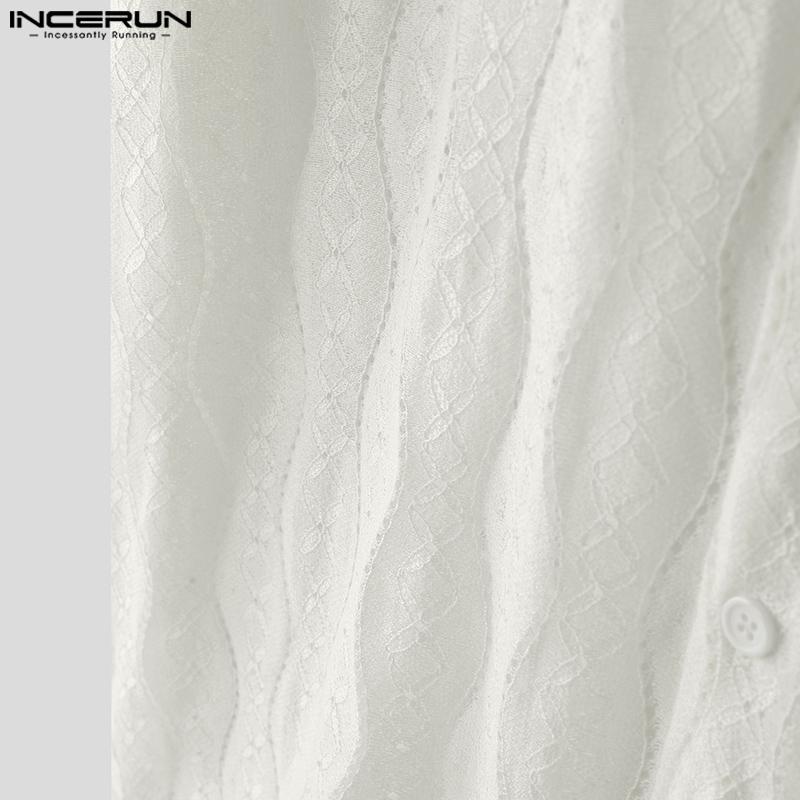 INCERUN Men Beading Neck Short Sleeve Lace Crochet Casual Oversized Shirts