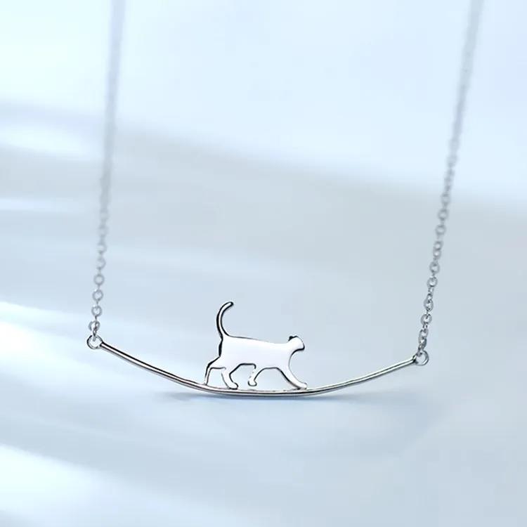 925 Silver Minimalist Cute Cat Pendant Clavicle Necklace for Women