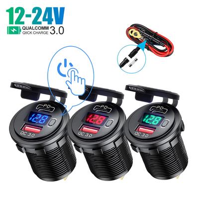 PD QC3.0 Dual USB Ports Car Fast Charger Socket 12V/24V Outlet Adapter with Voltmeter for Boat Motorcycle Truck SUV RV