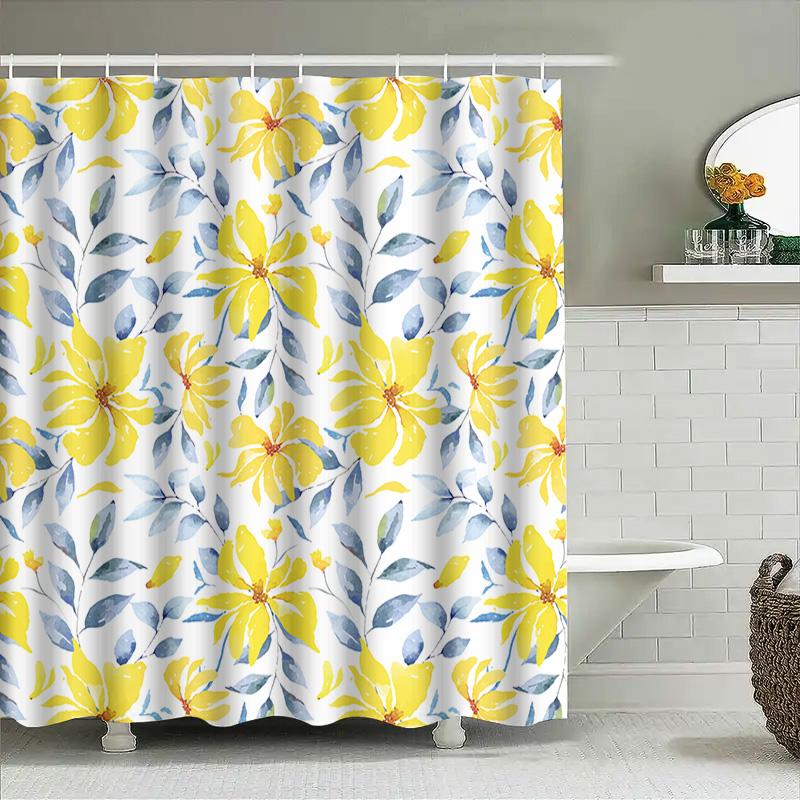 Watercolor Flowers Shower Curtain Yellow Blue White Decor For Bathroom Modern Design Home Accessories Easy Hanging 180X245Cm Fab