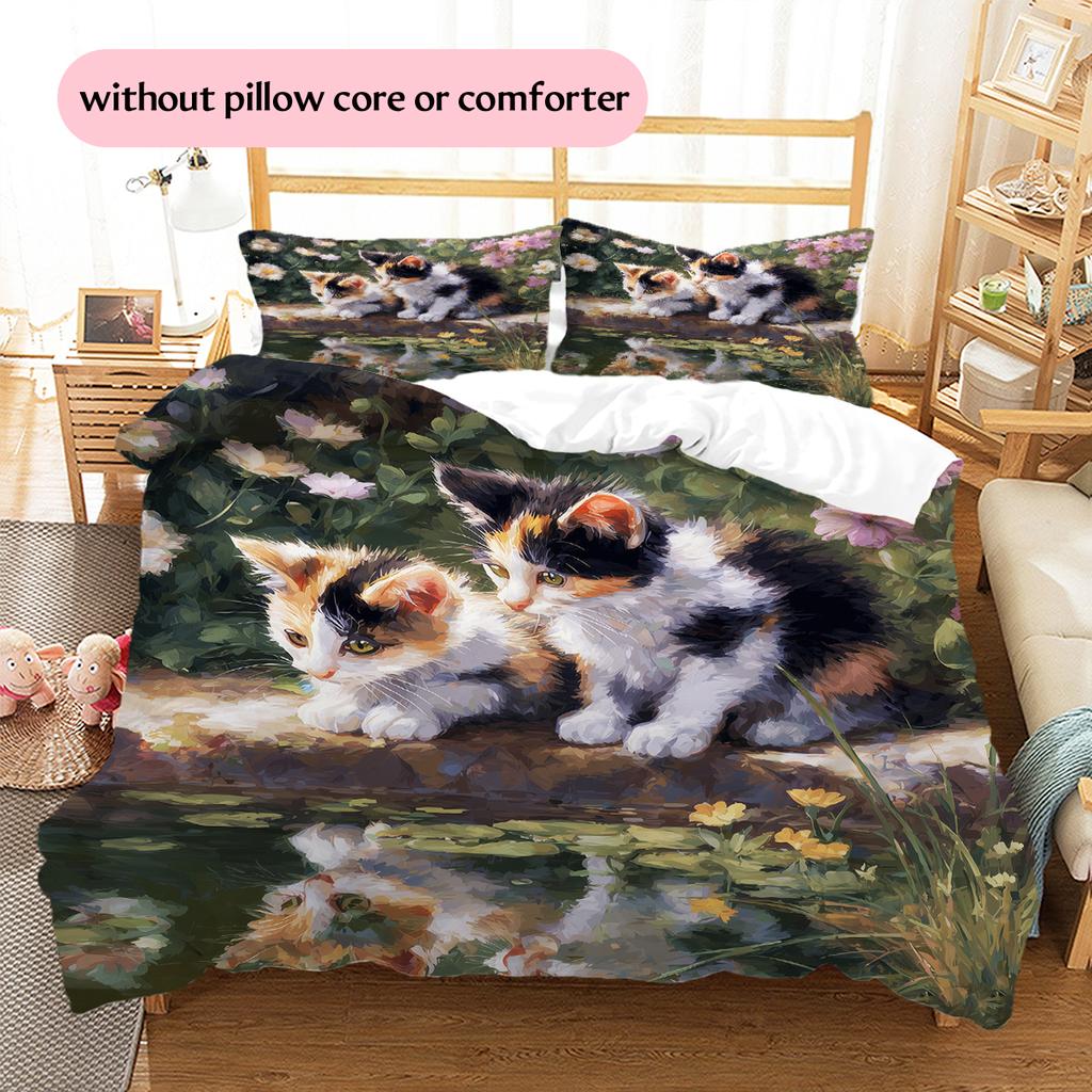 Calico Cat and Fresh Flowers Pattern Bedding Home Decoration Birthday Gift (1 * Duvet Cover + 2 * Pillowcase, Without Core)