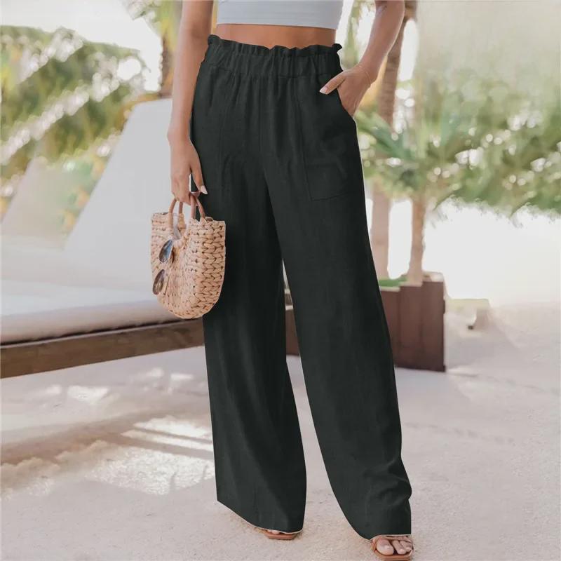 

Летняя женская мода 2023 года Брюки кэжуал с широкими штанинами, с оборками и накладными карманами L чёрный