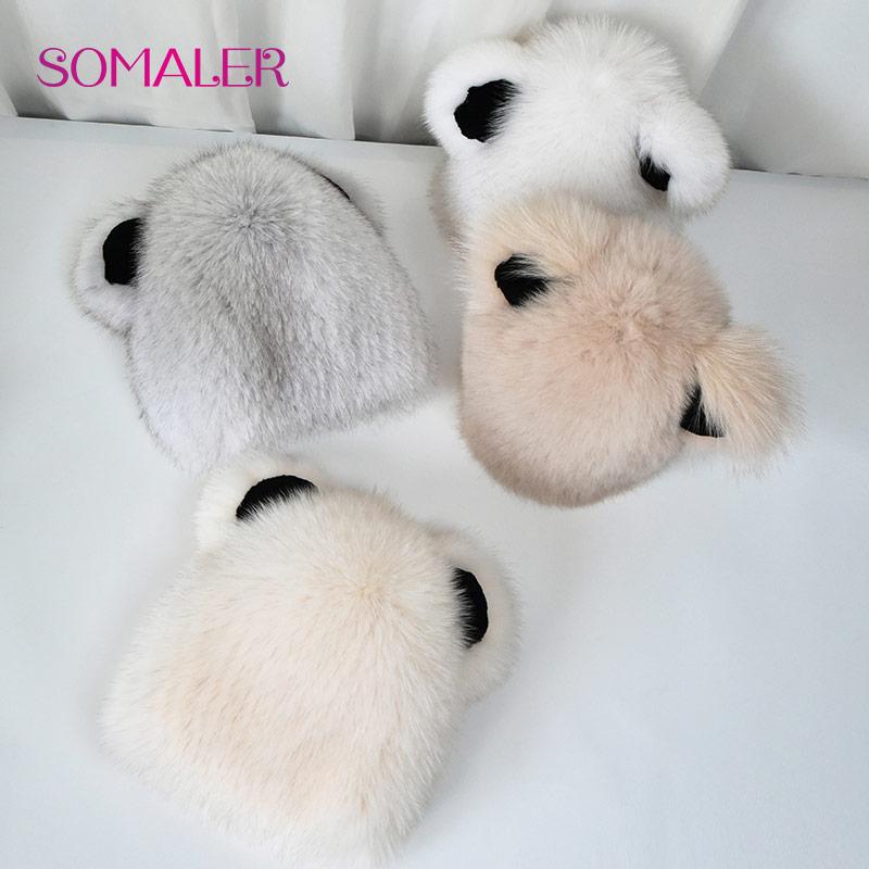 SOMALER Cute Bear Ears Pattern Fur Hat for Women Girls Real Fox Fur Beanie Fluffy Russia Style Bomber Beanie with Lining for Cold Winter
