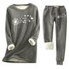 Women's Print Round Neck Warm Suit Long Sleeve Fleece Drawstring Sweatpants Two-Piece Set