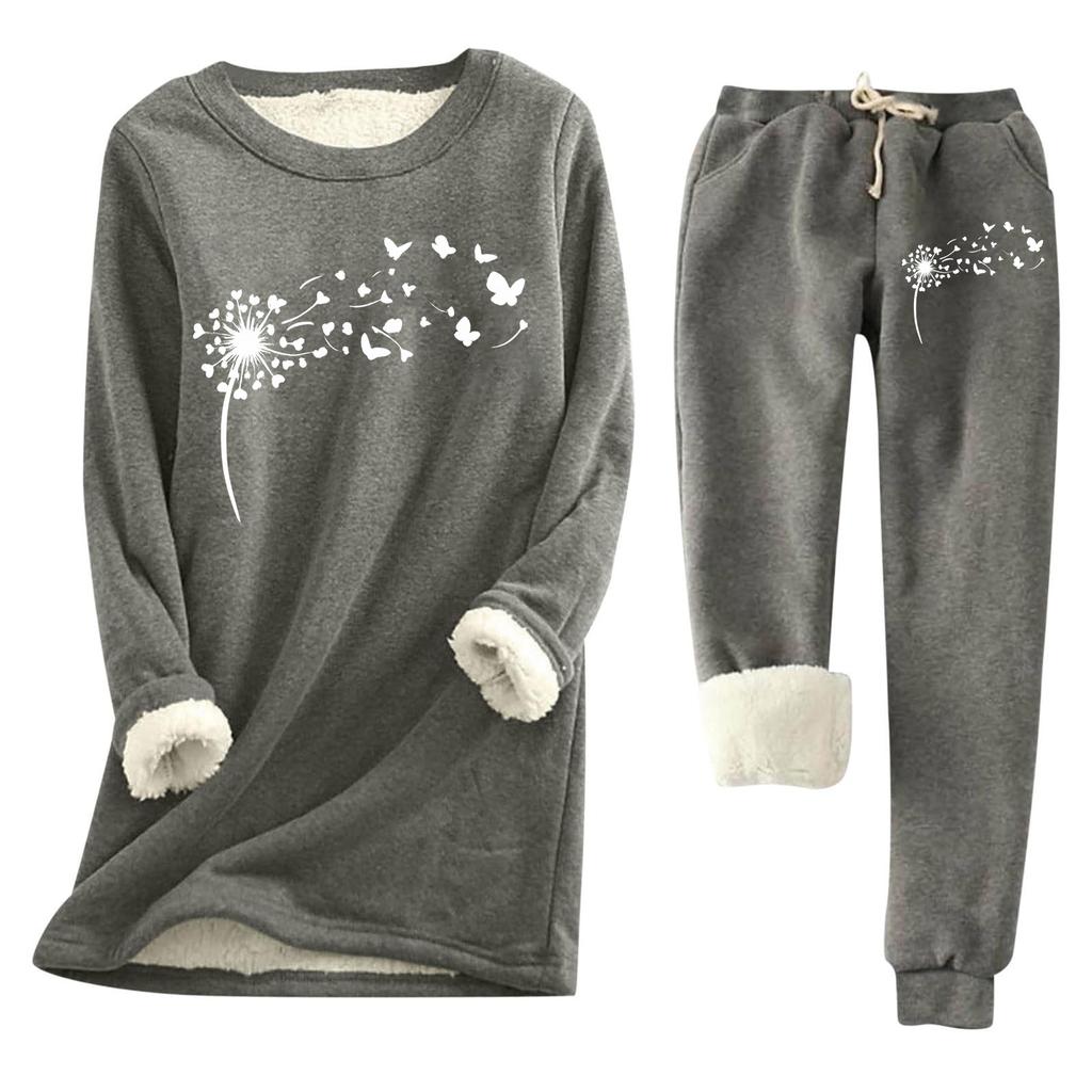 Women's Print Round Neck Warm Suit Long Sleeve Fleece Drawstring Sweatpants Two-Piece Set