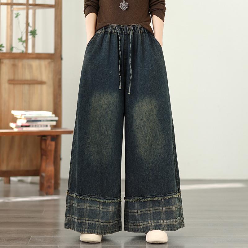 

DIMANAF 2026 Summer New Plus Size Women Jeans Elastic Waist Long Pants Loose Casual Denim Cotton Trousers Plaid 2XL