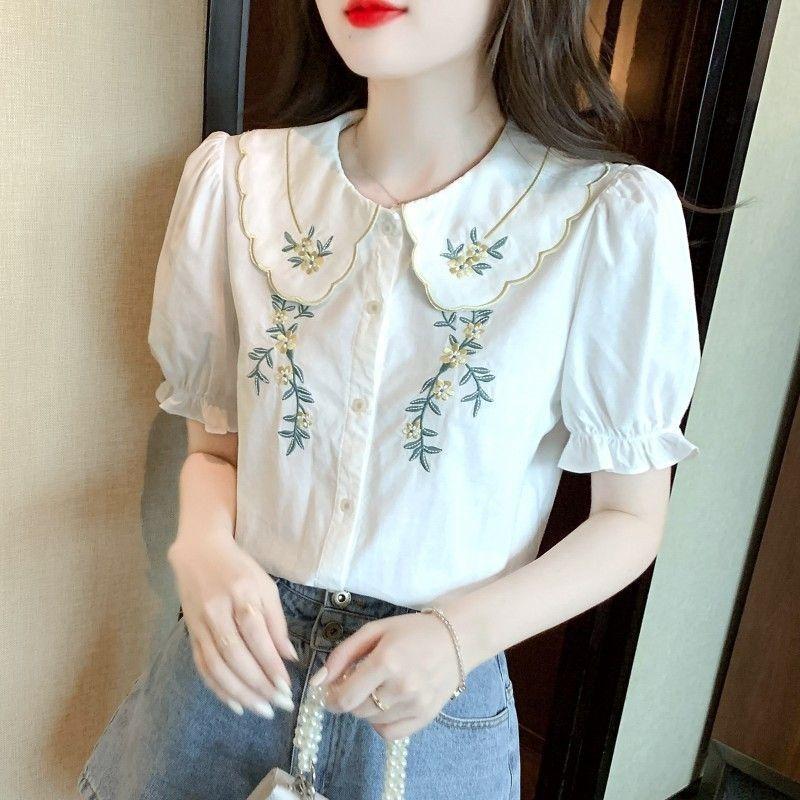 Women Doll Collar Embroidered Cotton Loose Short Sleeve Casual Blouse S белый