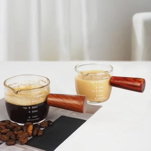 Espresso Shot Glass, Measuring Cup with Wooden Handle, Milk Cup, Double Spout, Graduated, Thickened Heat-Resistant Glass, Sake Glass, Wine Glass, for