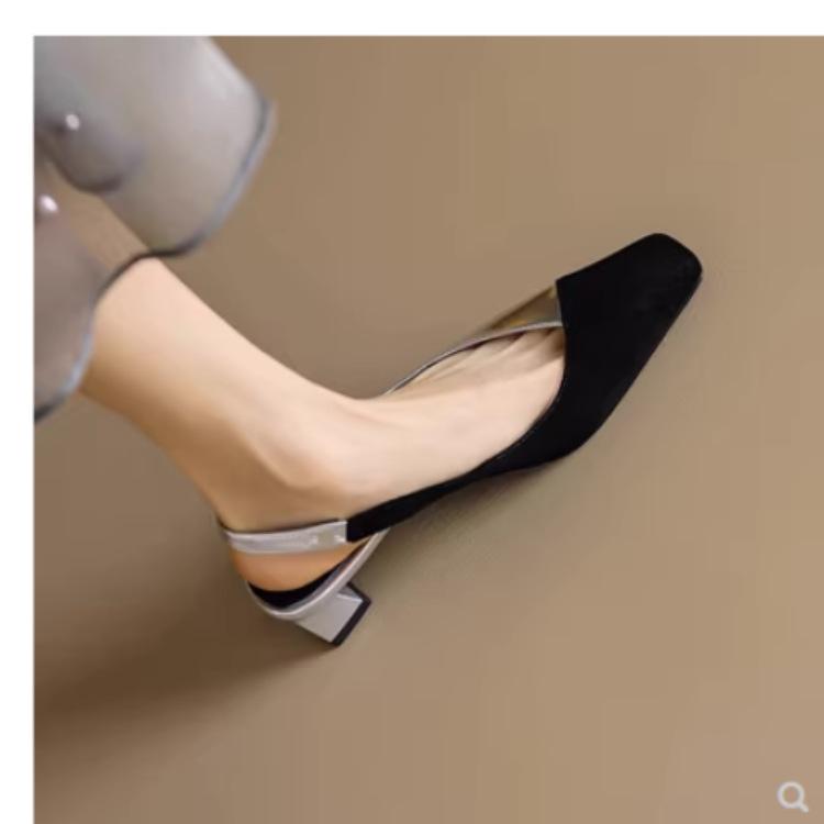 Women Square Toe Sandals Black Toe Patchwork Pumps Gold Sliver Slingbacks Mid Heels Summer Female Dress Shoes Plus Size 41 1363N